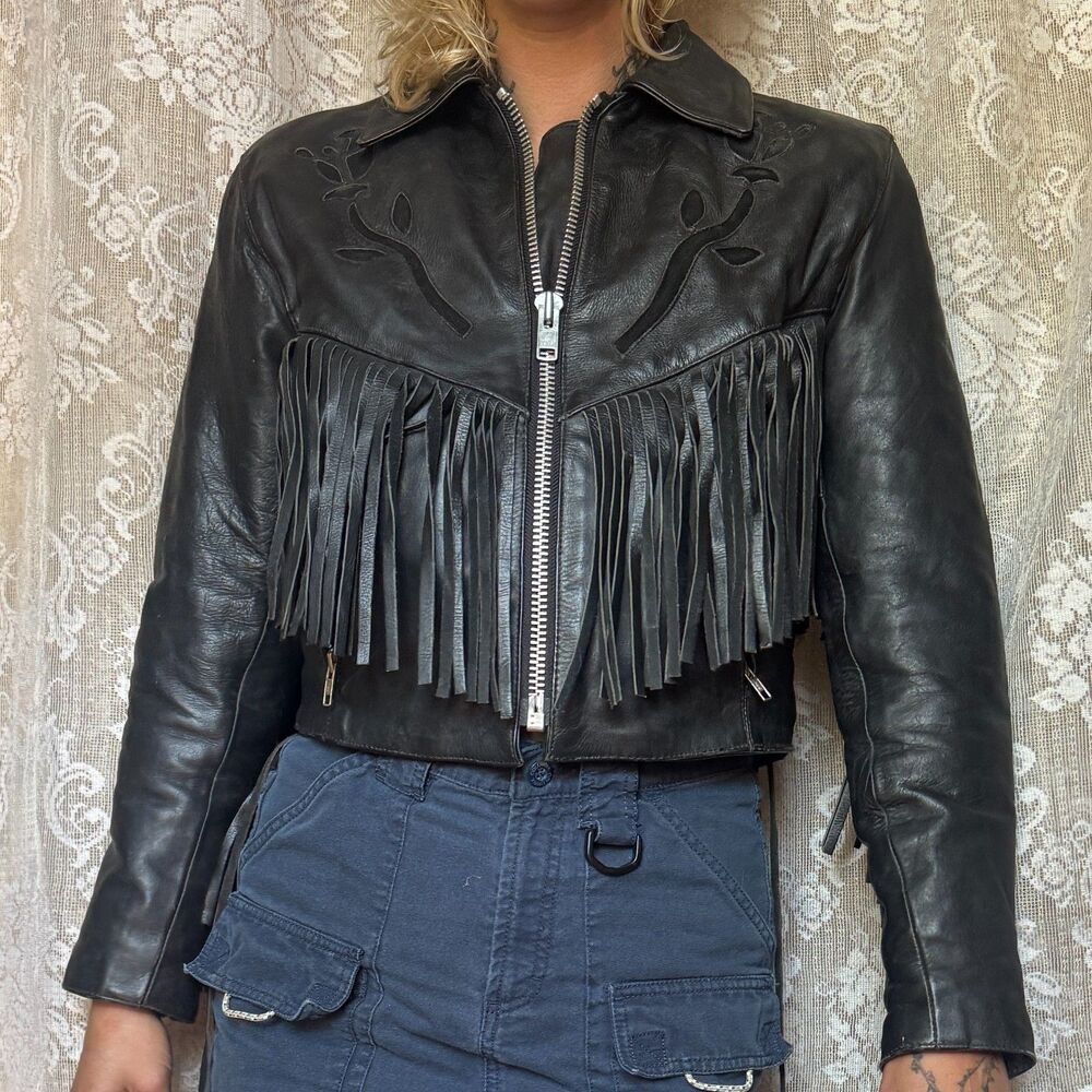 Vintage MADE IN USA Black Cropped Leather Jacket Y2K Fringe Moto Biker Zip M / 8